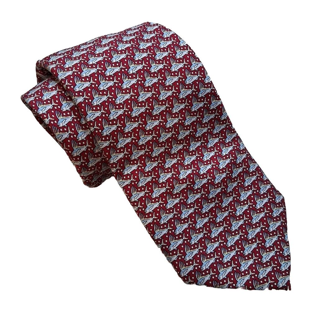 Vineyard Vines Blue Marlin Fish All Over Print Red Silk Neck Tie 57"x3.5"